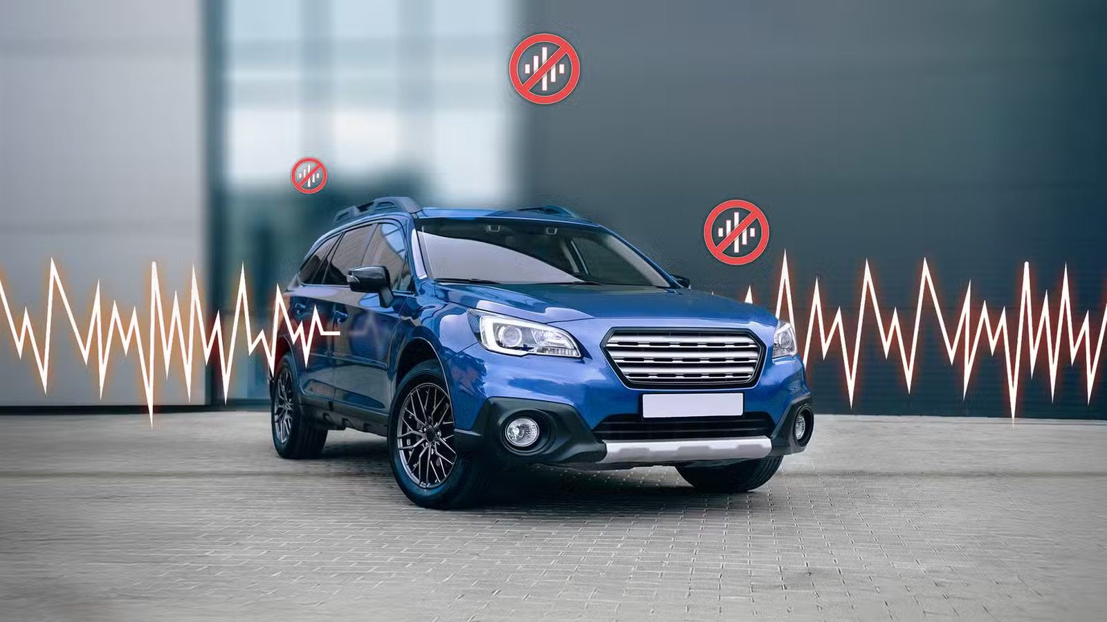 Une voiture avec des effets sonores à côté et des icônes antibruit autour.