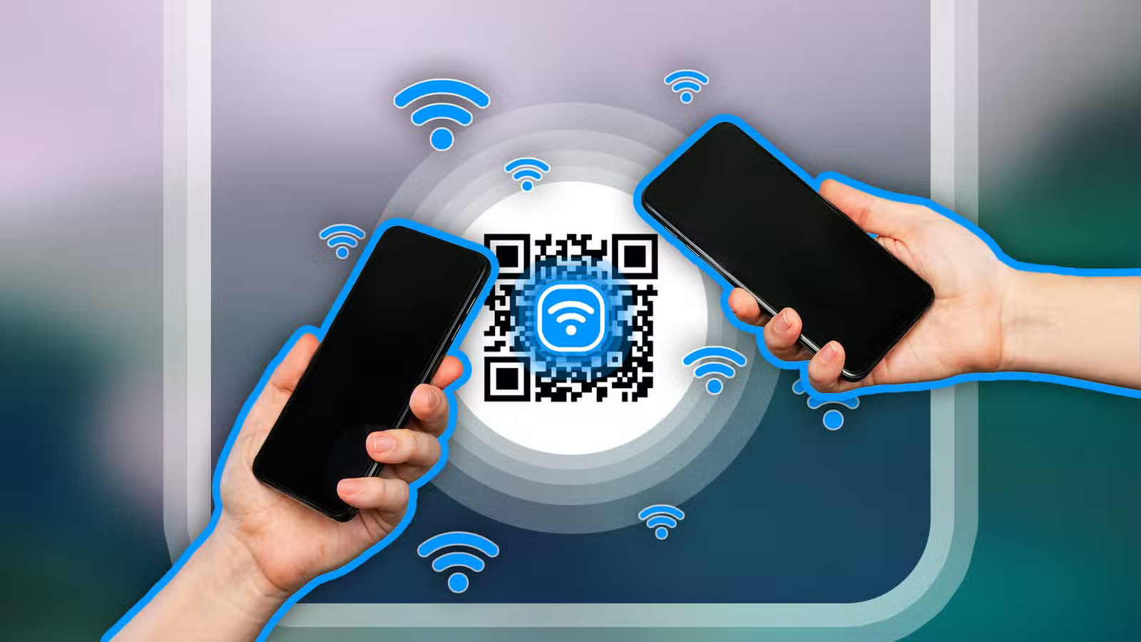 Deux mains tenant un téléphone avec un code QR au centre et une icône Wi-Fi.