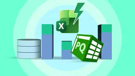 Graphique présentant les logos Excel et Power Query ainsi qu'une base de données et des graphiques à barres.