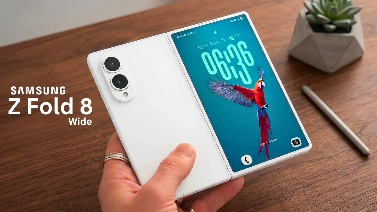 Vue de face du Samsung Galaxy Z Fold 8 Wide montrant l'écran de couverture de style passeport.