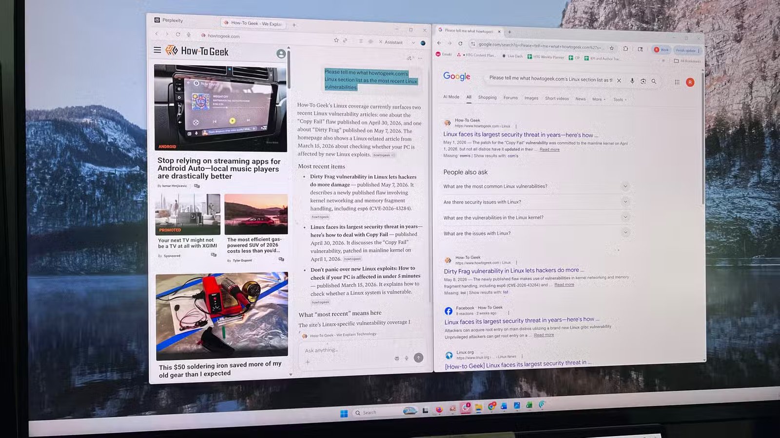 Une capture d'écran du navigateur Perplexity Comet côte à côte avec le navigateur Google Chrome avec la recherche Google ouverte sur le bureau Windows 11.
