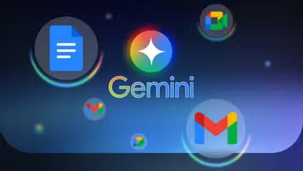 Logo Google Gemini centré parmi des icônes 3D lumineuses pour Google Docs, Gmail et Google Meet.