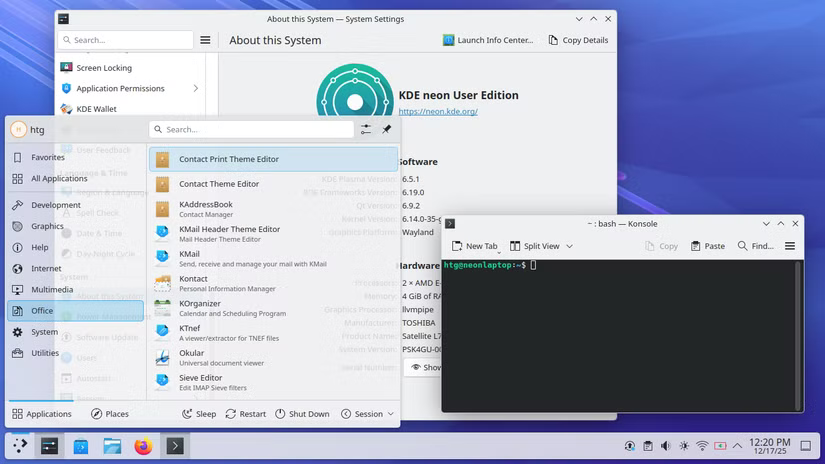 Bureau KDE Neon Linux avec un lanceur d'applications, un menu de paramètres et un terminal ouvert.
