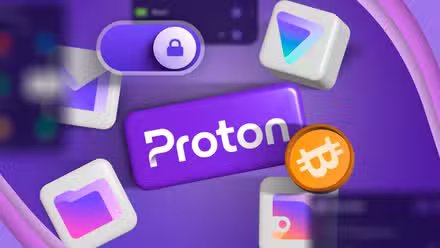 Logo ProtonMail avec plusieurs icônes autour.