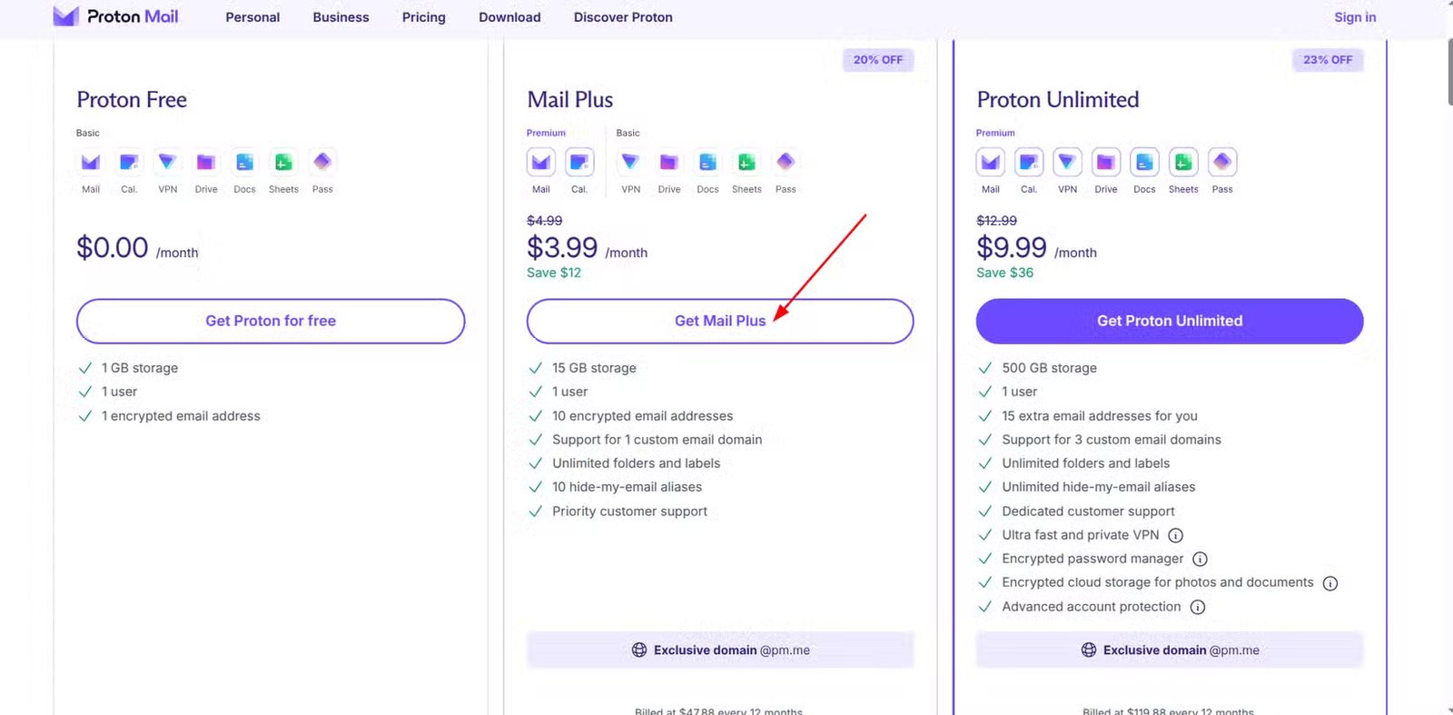 Les trois niveaux de Proton Mail en mettant l'accent sur Mail Plus et toutes ses fonctionnalités.