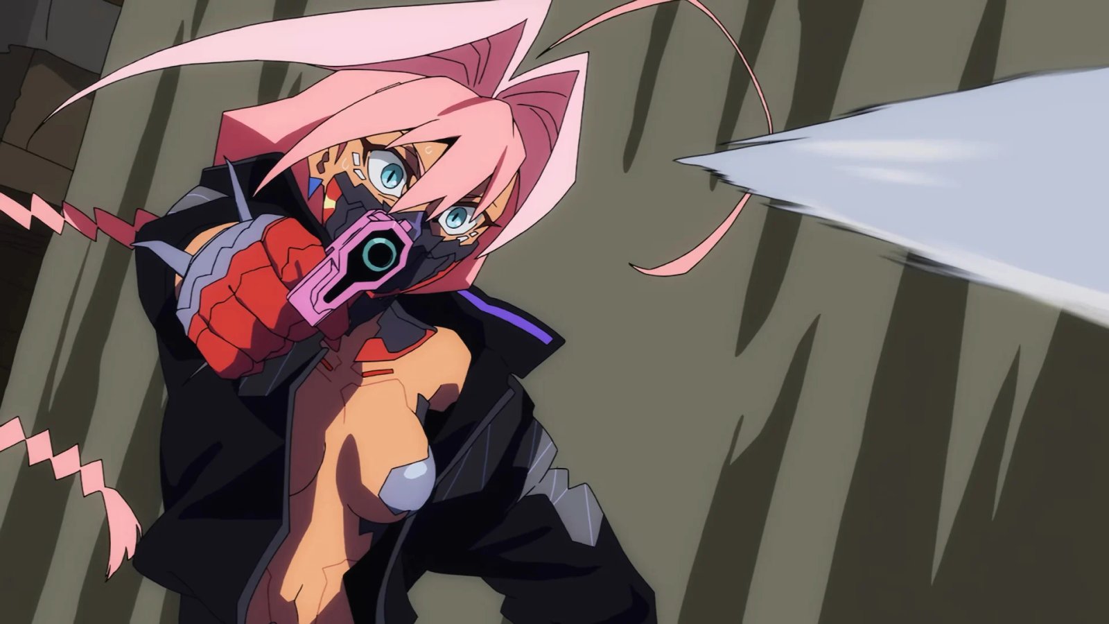 Cyberpunk Edgerunners (1Cyberpunk : Edgerunners 2), image toujours de Talia apportant une arme à feu à un combat au couteau.