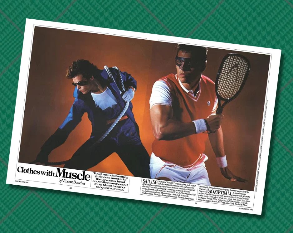 1984 Vêtements Esquire avec racquetball musculaire 1984 Couverture du magazine Esquire intitulée "Des vêtements musclés," montrant un équipement de voile aux couleurs contrastées et un gilet de racquetball orange