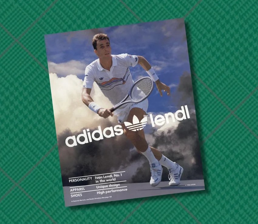 Adidas Ivan Lendl Tennis Publicité Années 1980 Publicité Adidas des années 1980 mettant en vedette le joueur de tennis Ivan Lendl dans un polo et un short rayés, en plein match