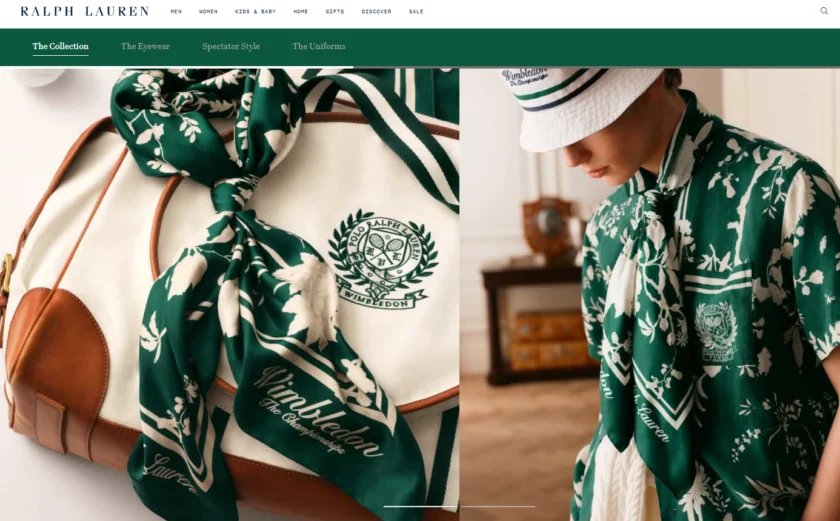 Ralph Lauren Collection Wimbledon Collection Ralph Lauren Wimbledon comprenant une écharpe en soie à fleurs verte et blanche attachée à un sac polochon en cuir, aux côtés d'un mannequin portant une chemise à fleurs verte assortie.