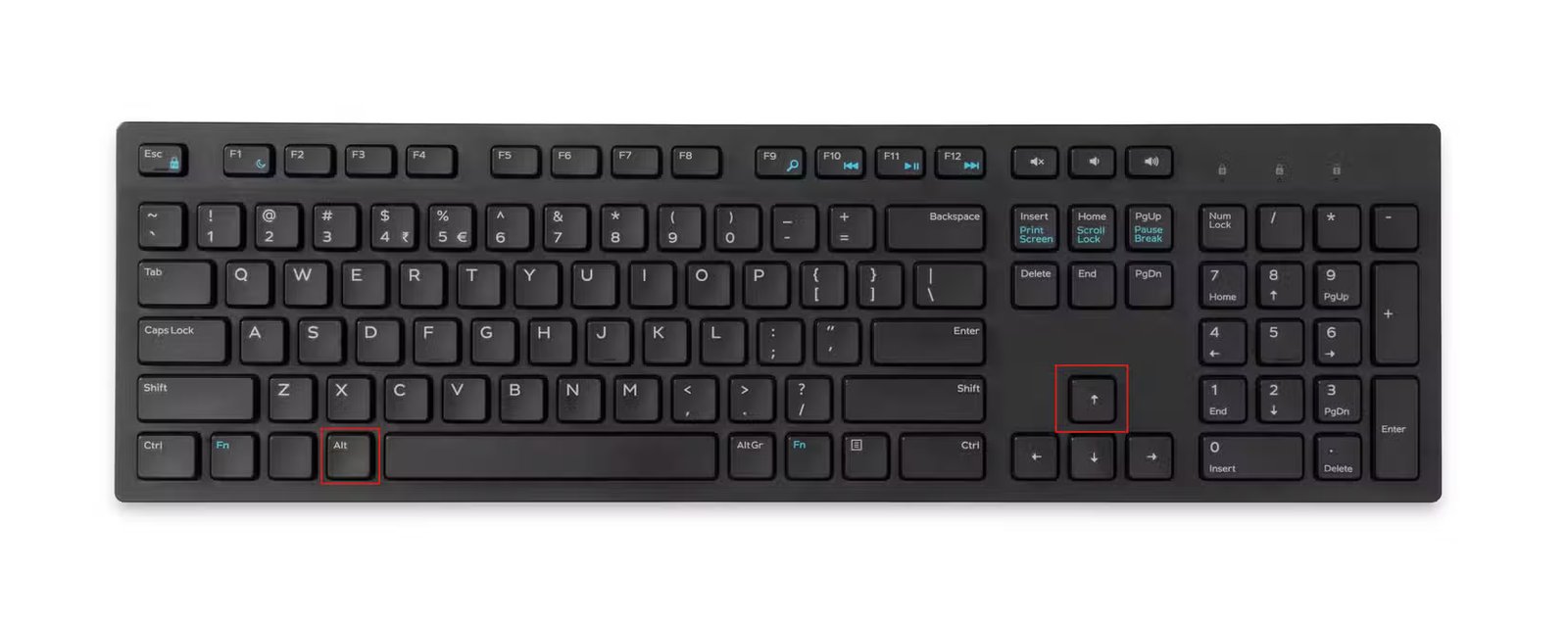 Clavier mettant en évidence les touches Alt et Flèche vers le haut.
