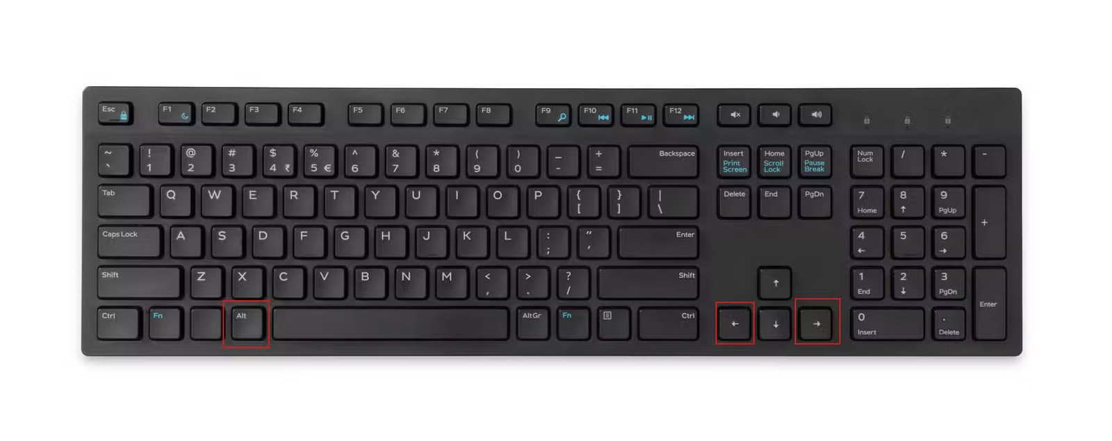 Clavier mettant en évidence les touches Alt, Flèche gauche et Flèche droite.