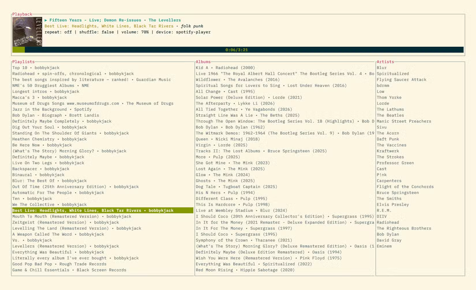 L'interface principale de Spotify_player affichant une section de lecture avec la piste actuelle en haut et trois grandes listes en dessous : listes de lecture, albums et artistes.