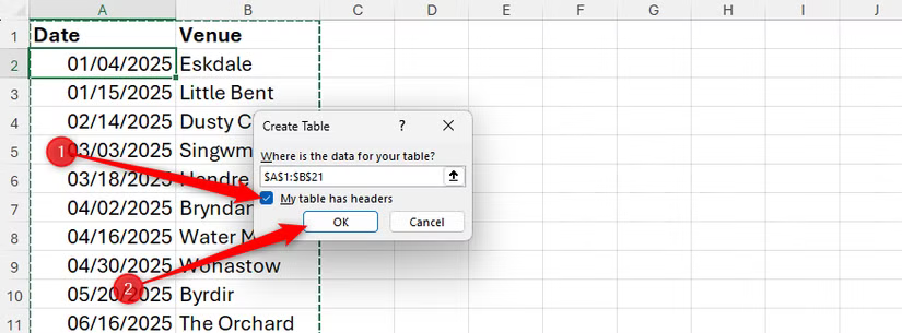 Mon tableau a des en-têtes est coché dans la fenêtre de dialogue Créer un tableau d'Excel.