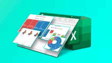 Logo Excel avec une feuille de calcul appuyée contre celui-ci et quelques graphiques au-dessus.
