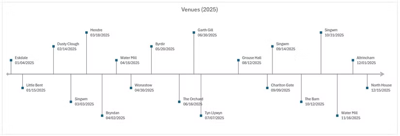 Une chronologie des lieux visités en 2025 dans Microsoft Excel.