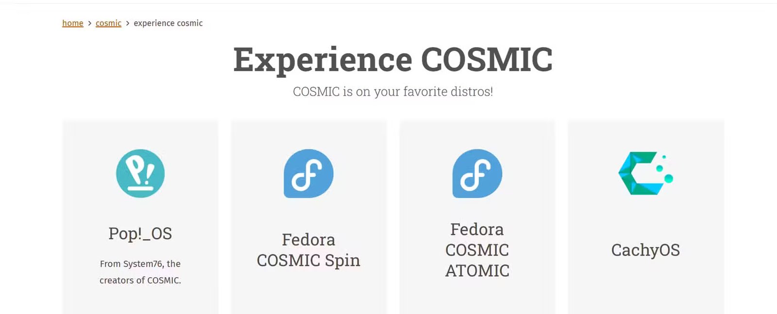 Liste des distributions avec COSMIC disponible sur le site System76.