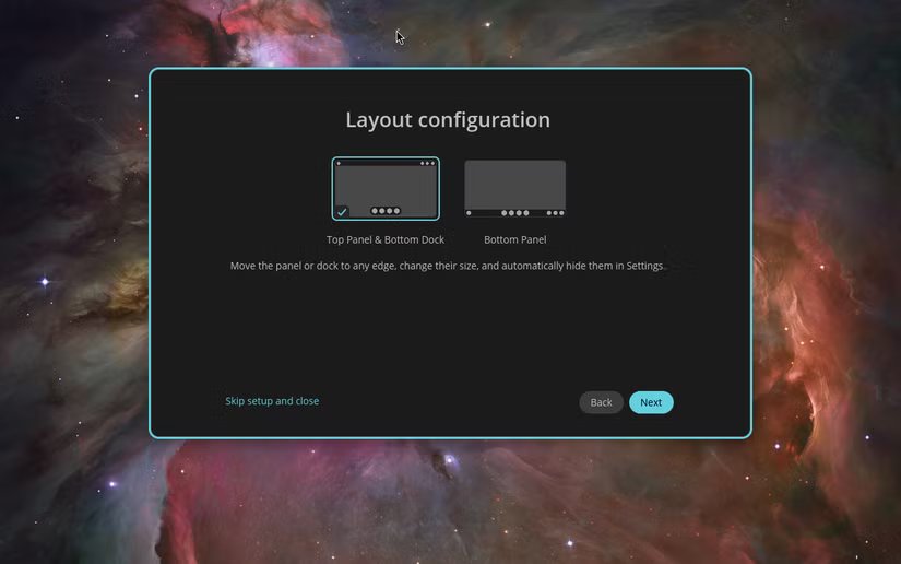 Configuration de la mise en page Pop!_OS lors de la première exécution du bureau COSMIC.