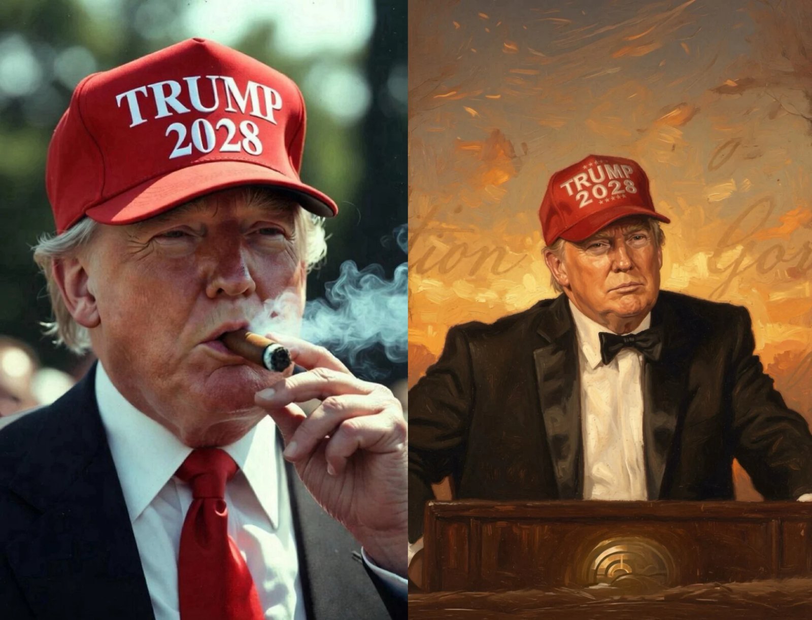 Deux images d'IA publiées par le président Trump le 26 juillet 2026, montrant le président portant des chapeaux sur lesquels on peut lire : "Trump 2028."