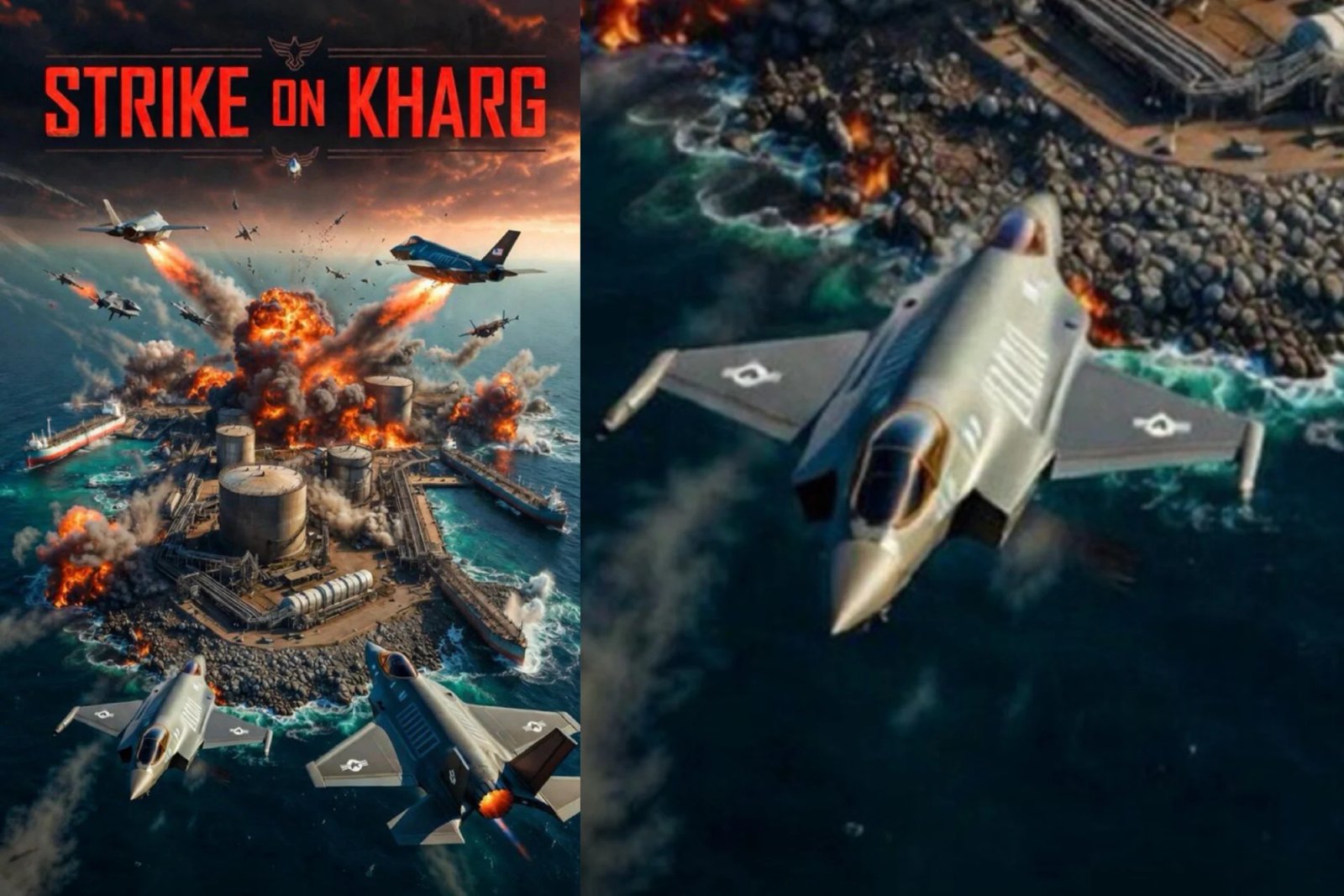 Une image d’IA publiée par le président Trump le 26 juillet 2026 (à gauche) et un gros plan de cette même image montrant un avion physiquement impossible.