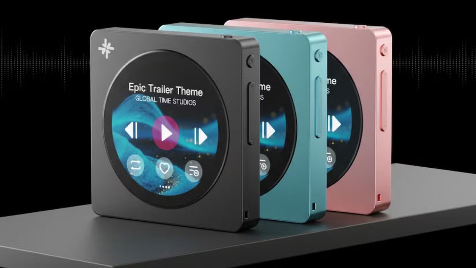 Trois lecteurs audio FiiO Snowsky Disc affichés en noir, bleu sarcelle et rose.-1