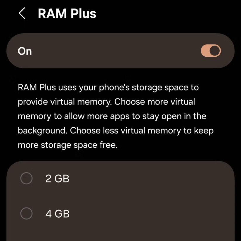 Le menu des paramètres de Samsung RAM Plus.