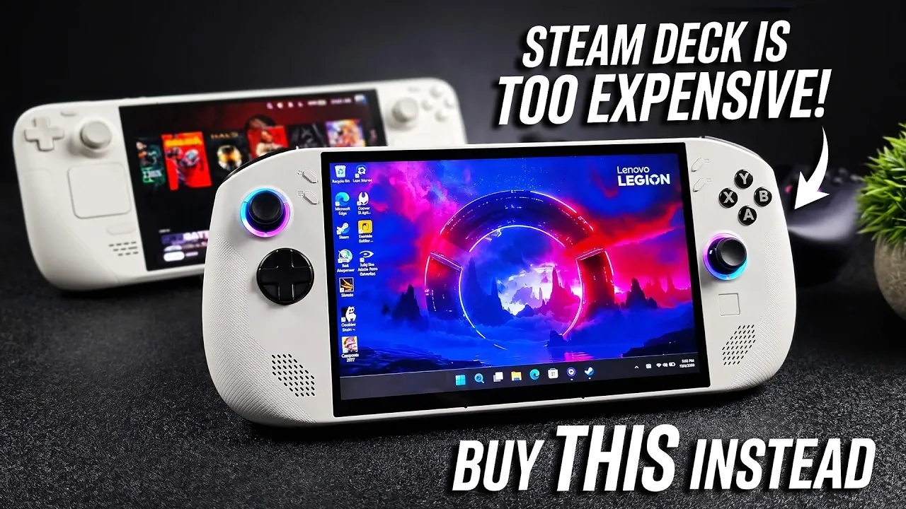 Appareil de jeu portable White Legion Go S posé sur un bureau.