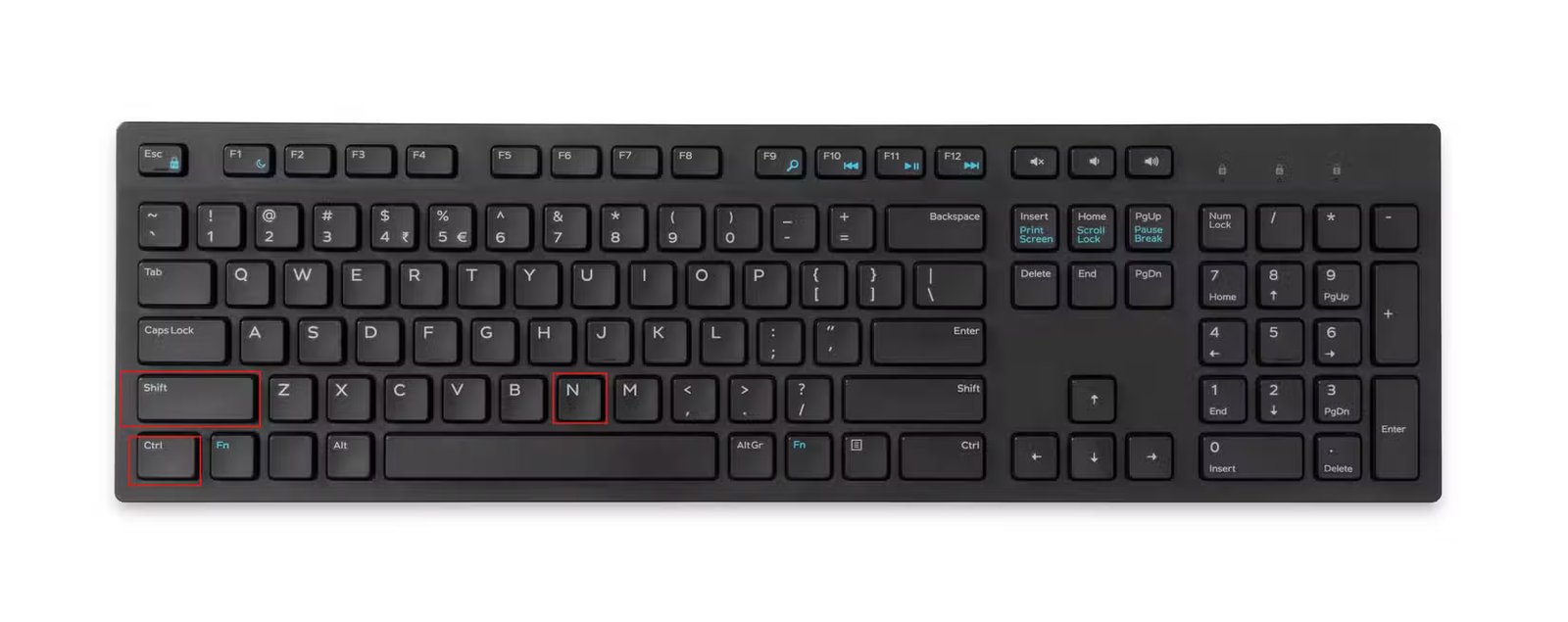 Clavier mettant en évidence les touches de raccourci Ctrl, Shift et N.