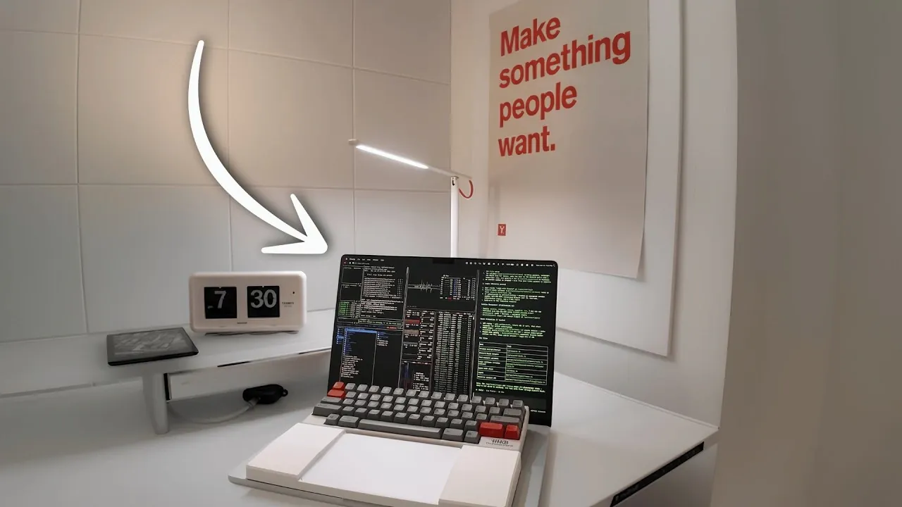Une configuration de bureau minimaliste propre et sans distraction comprenant un MacBook Pro et un clavier mécanique.