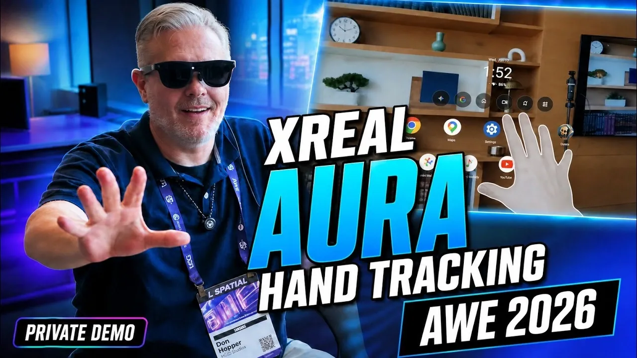 Un utilisateur interagissant avec des écrans virtuels à l'aide de l'interface Android XR.