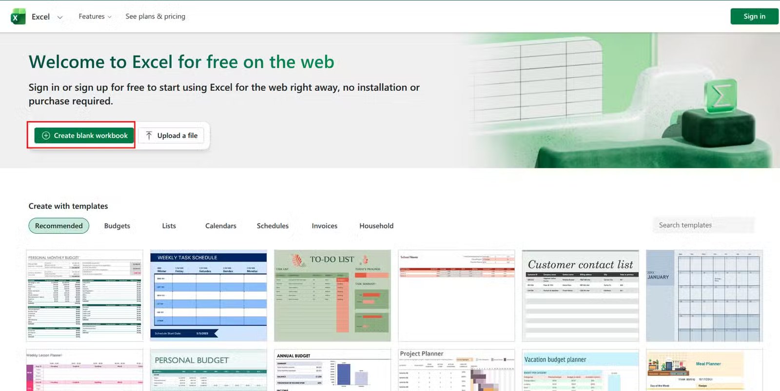 Création d'un nouveau classeur dans la version cloud en ligne d'Excel.