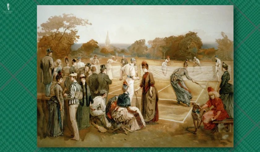 Illustration de la fête victorienne du tennis sur gazon Peinture de l'époque victorienne représentant une soirée de tennis sur gazon, avec des hommes et des femmes en tenue de jour formelle regardant et jouant sur un terrain privé.