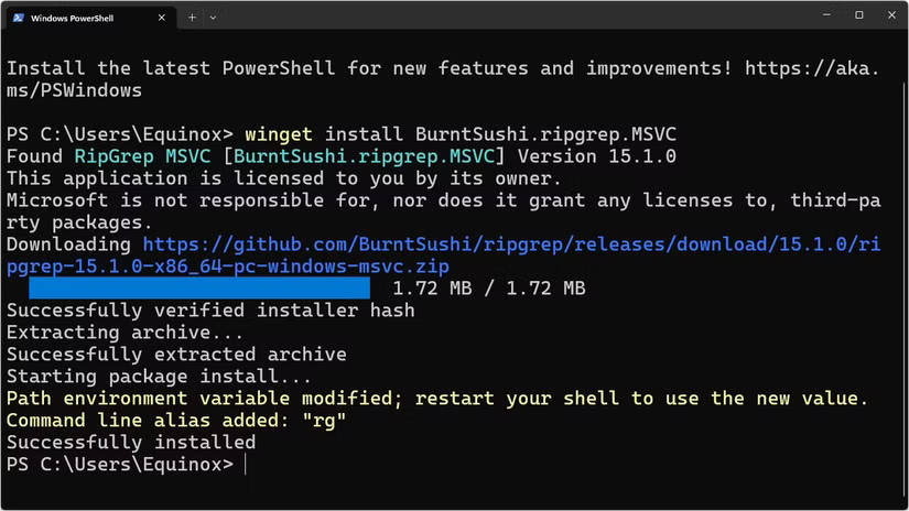 Terminal PowerShell installant Ripgrep. 