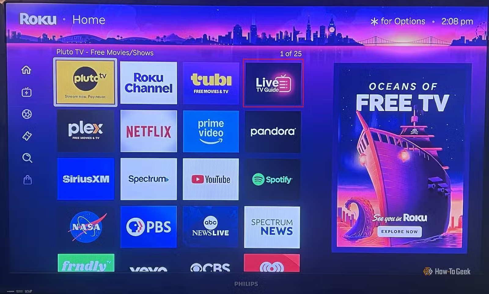 Une image de l'écran d'accueil de Roku TV. La télévision en direct est mise en évidence dans un cadre rouge.