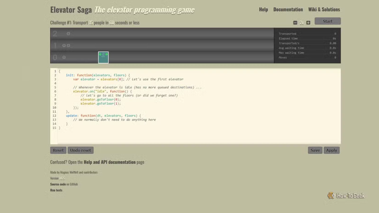 Elevator Saga montrant le code
