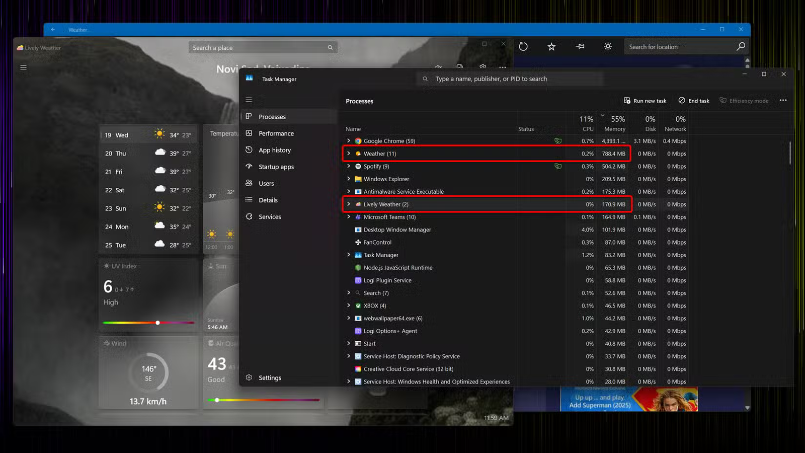 Une image montrant les différences d'utilisation de la RAM entre MSN Weather et Lively Weather. 