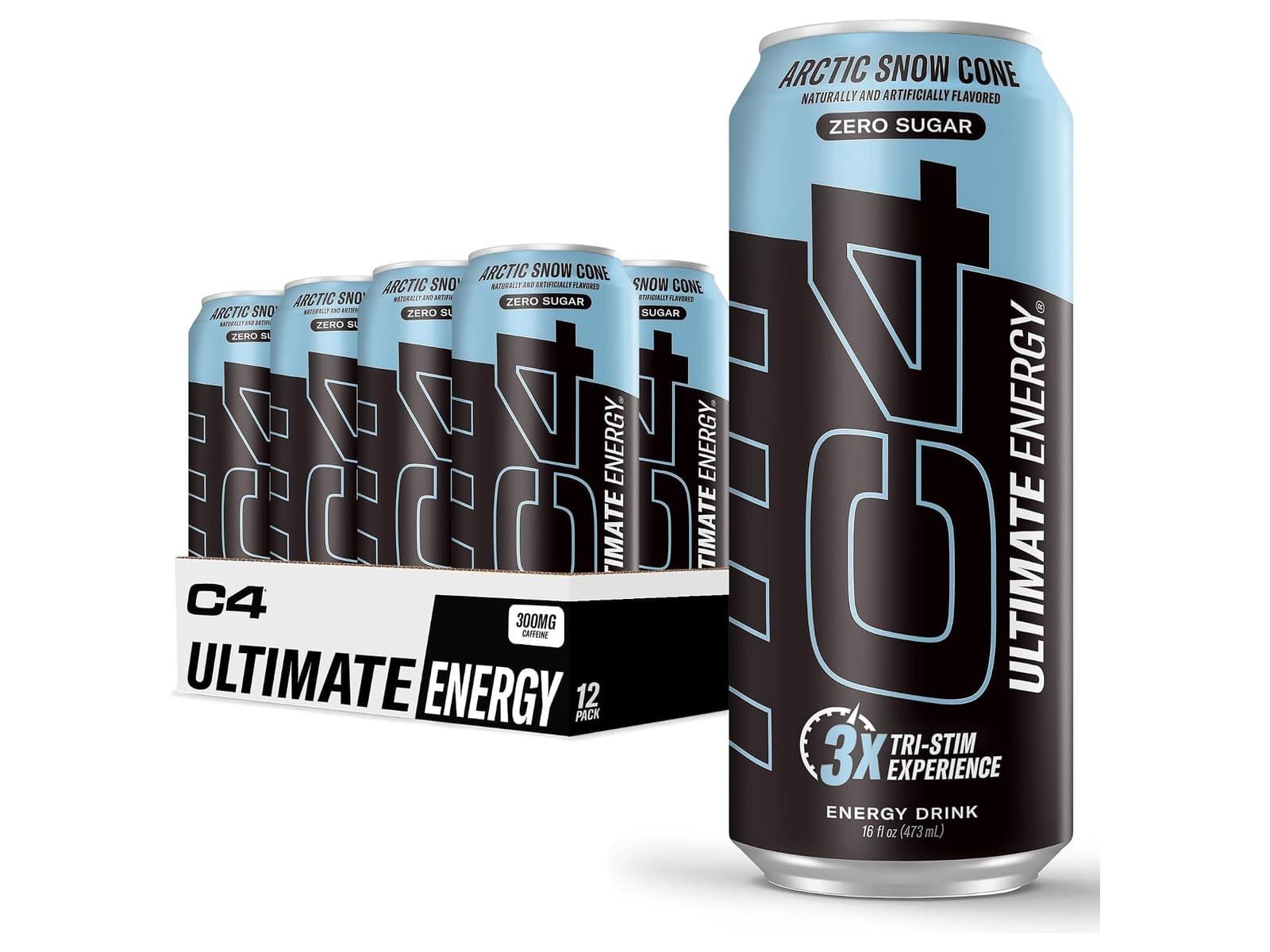 Carton de 12 cônes de neige arctiques C4 Ultimate Energy à côté d'une seule canette de 16 fl oz.