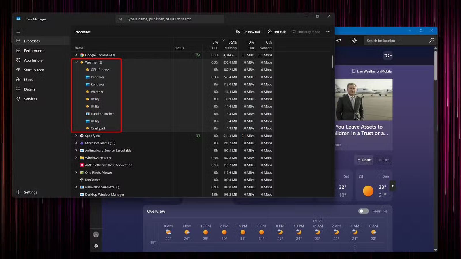 Gestionnaire des tâches affichant les processus Windows actifs répertoriés par utilisation de la mémoire.