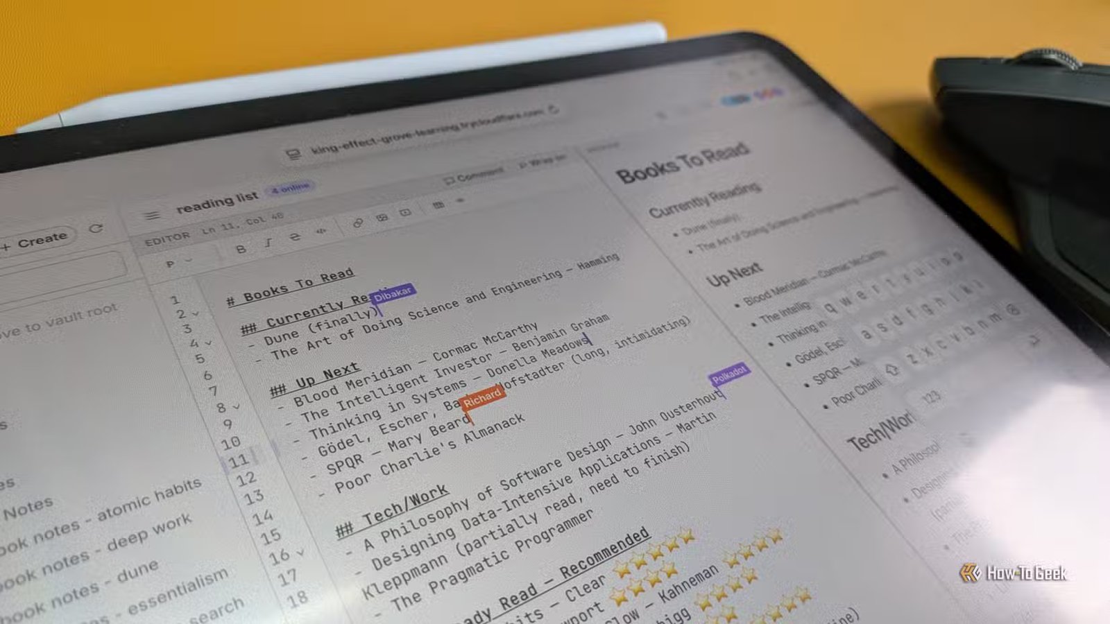 CollabMD rend un coffre-fort Obsidian accessible sur Internet et trois personnes le modifient.