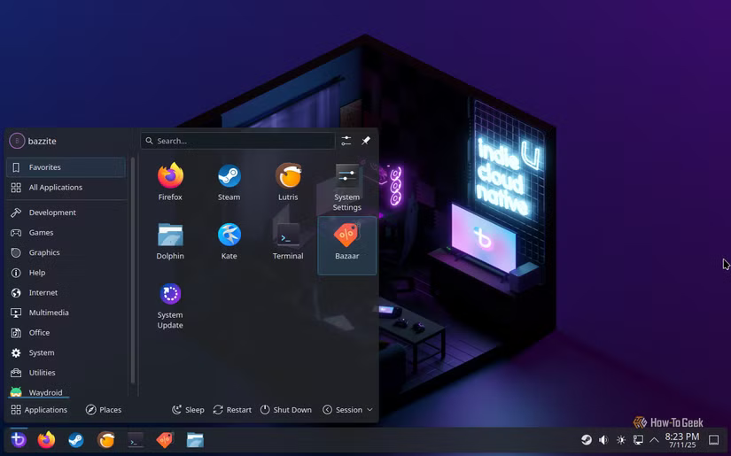 Bureau Bazzite avec le lanceur d'applications ouvert.