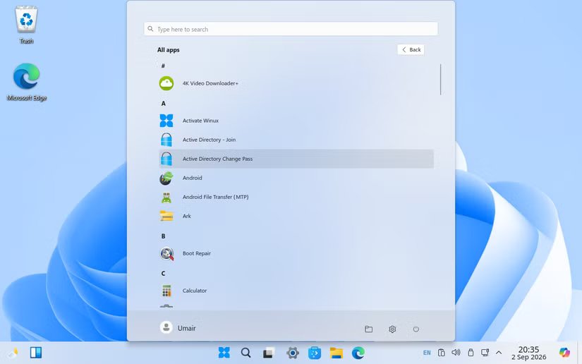 Capture d'écran du menu des applications sous Winux