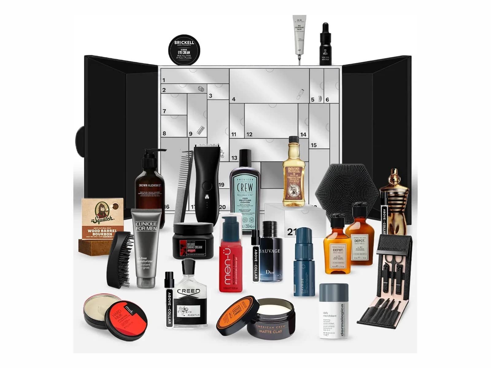 Le calendrier de l'Avent Above The Collar 2026 s'est ouvert pour montrer ses tiroirs numérotés avec les 24 produits de soins disposés devant, dont une tondeuse Meridian, Creed Aventus, Dior Sauvage et Dermalogica Daily Microfoliant.