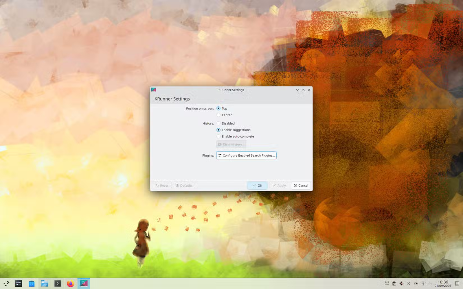 Une boîte de dialogue KDE affichant les paramètres de KRunner avec un bouton pour configurer les plugins de recherche activés.