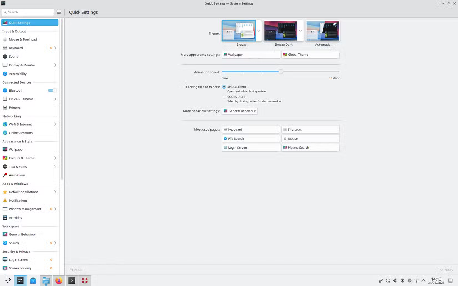 L'application Paramètres système KDE affichant la page Paramètres rapides.