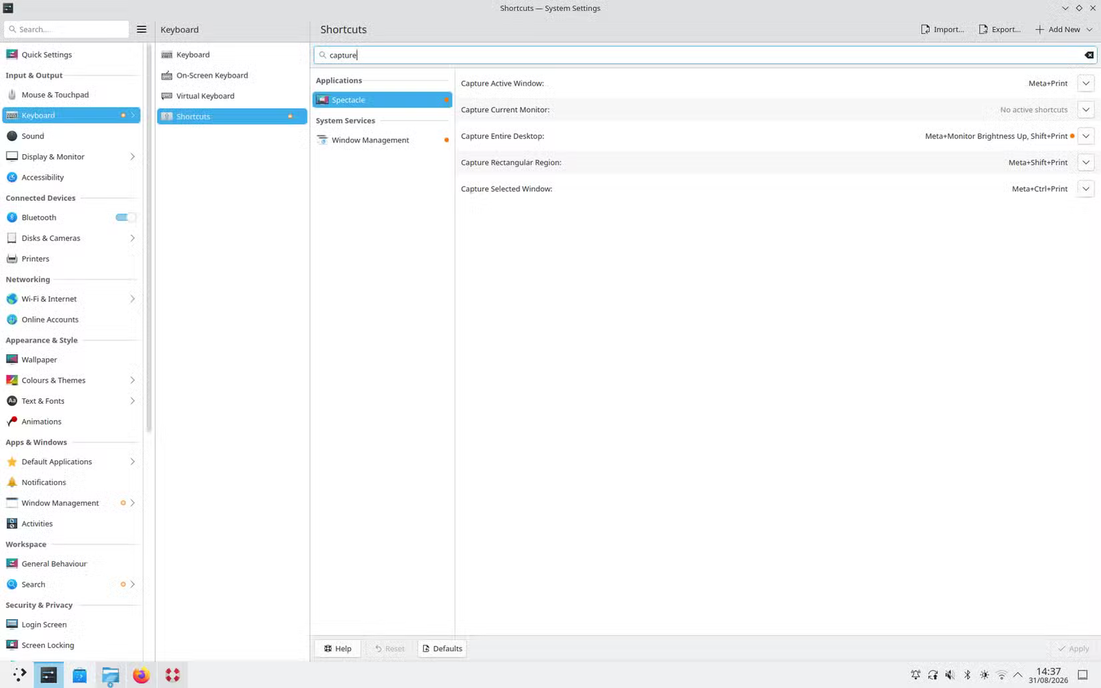 L'application Paramètres système de KDE affichant plusieurs résultats de recherche correspondant au terme "capturer" lorsqu'il est recherché sur la page Raccourcis clavier.