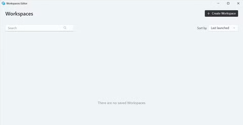 La fenêtre de l'éditeur d'espaces de travail PowerToys affichant une liste vide des espaces de travail enregistrés.