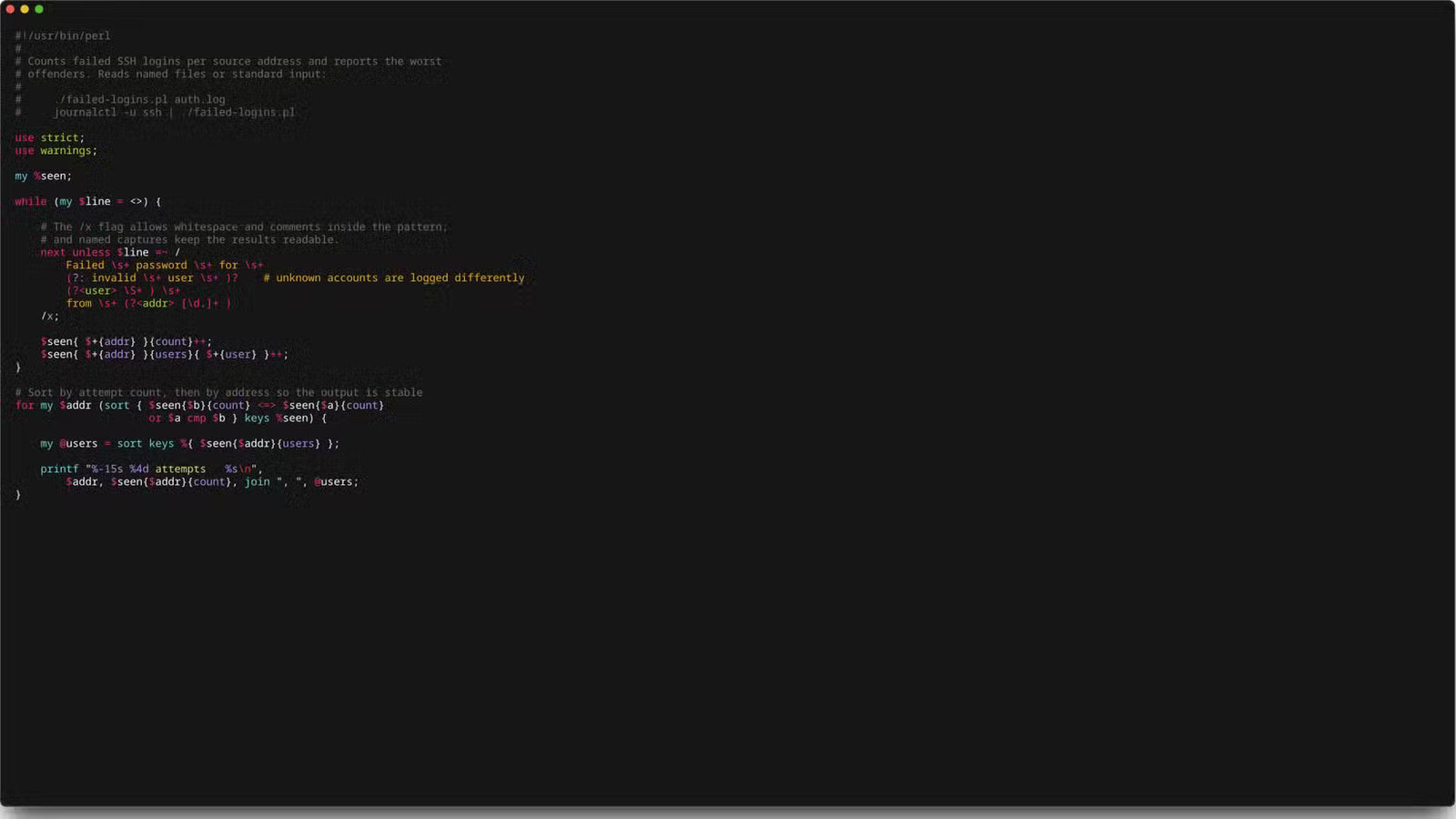 Une fenêtre de terminal affiche un script Perl qui compte les échecs de connexion SSH par adresse.