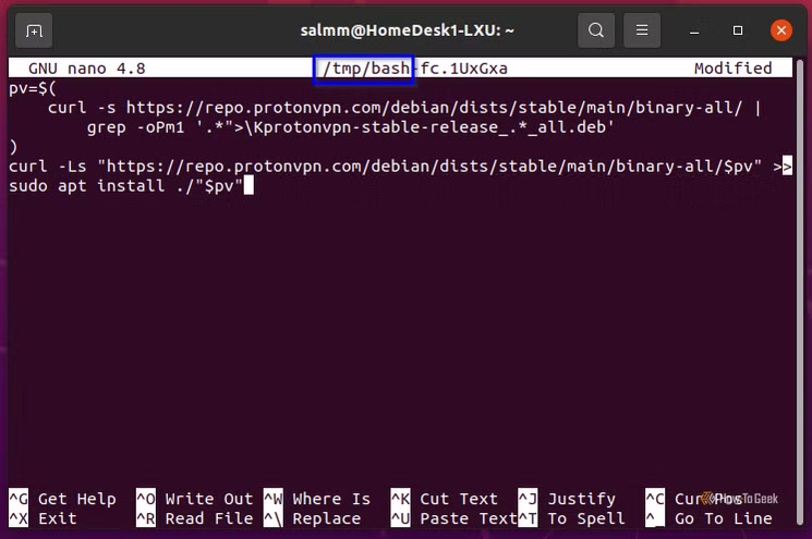 Capture d'écran montrant Linux Nano lancé depuis le terminal en tant qu'éditeur de commandes temporaires