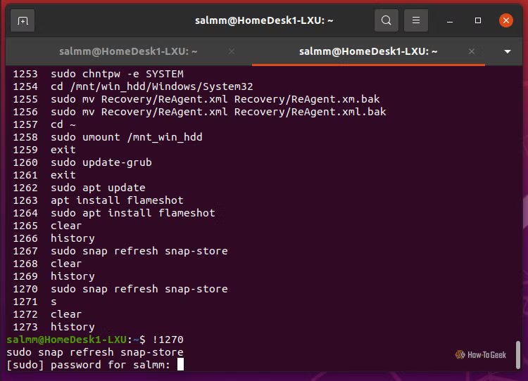 Terminal Linux affichant des raccourcis de saisie rapide à l'aide de l'historique et du shortcode