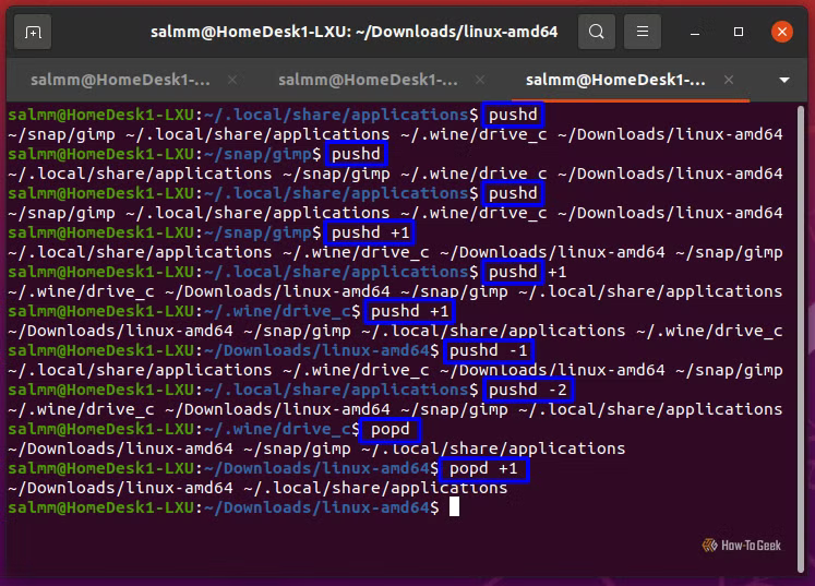 Capture d'écran montrant Linux Bash dans le terminal, affichant un code court rapide pour changer temporairement de dossier tout en préservant le précédent.