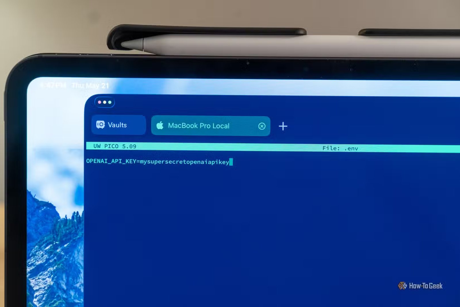 Recadrage serré sur iPad d'un fichier env point et d'un espace réservé de clé API OpenAI dans Pico.